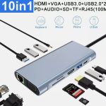 Zero Type-C Hub 10 in 1 USB C to 4K HDMI + RJ45 + PD 100W Charge + USB3.0 + VGA + SD/TF Card Reader Dock for MacBook Windows Laptop