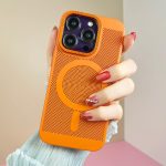 Magnetic Steel Mesh Heat Dissipation Protective Case for iPhone 15 Breathable Mesh Wireless Charging Case Orange