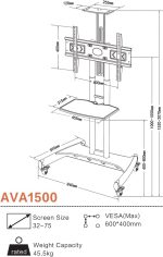 Truman Tv Trolley - Model AVA1500-60-1P - With Wheels Movable For LCD - LED Flat or Curved Screen for 32-70 Inch Height Adjustable Rolling, weight capacity Up to 45.5 KG- Floor TV Stand with Tray - Image 4