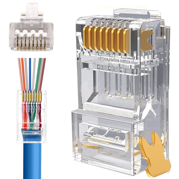 Onten OTN-E661 100 pcs 50UM Cat6A/5e/5 RJ45 connectors, gold-plated Gigabit Ethernet cable connectors, standard network plug for computer networking, crystal head