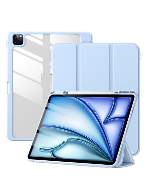 Case for iPad iPad Air 13 Inch Case M2 2024/iPad Pro 12.9 6th/5th/4th Generation 2022/2021/2020 with Pencil Holder, Clear Transparent Back Shell Slim Stand Shockproof Tablet Cover, Auto Wake/Sleep (Sky blue)