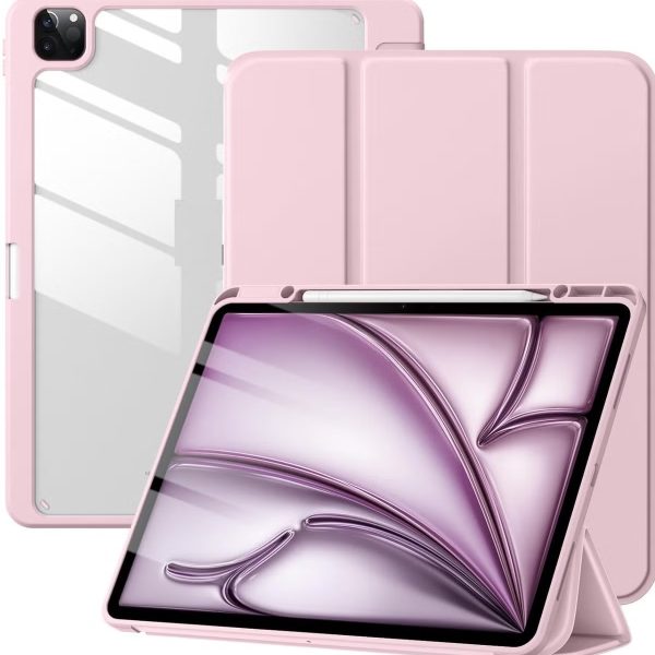 Case for iPad iPad Air 13 Inch Case M2 2024/iPad Pro 12.9 6th/5th/4th Generation 2022/2021/2020 with Pencil Holder, Clear Transparent Back Shell Slim Stand Shockproof Tablet Cover, Auto Wake/Sleep (Pink)