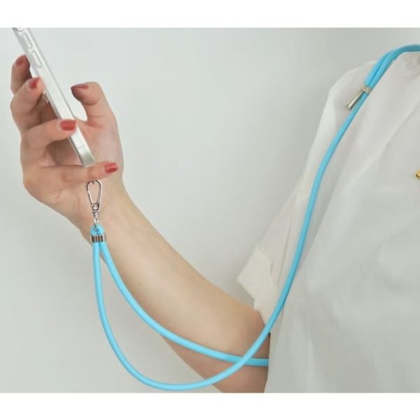 Neck and wrist strap to hold the phone. Fits all smartphones. Comes with a plastic piece to attach to the phone.