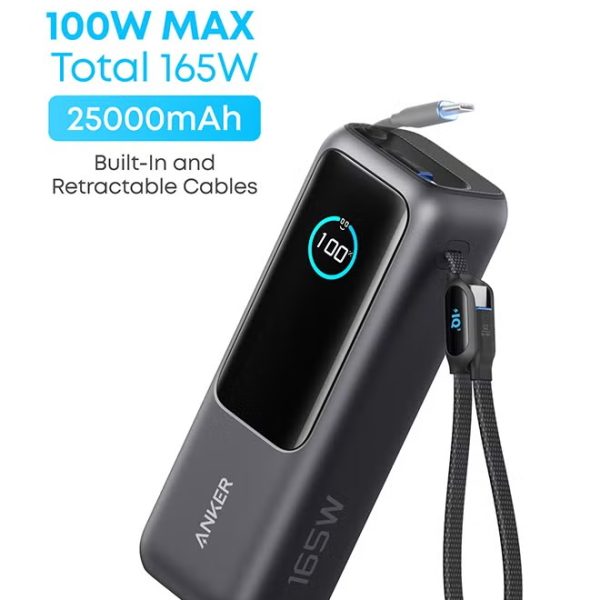 Anker Power Bank, 25,000mAh 165W Ultra-Fast Portable Charger for Dual Laptops, Fast Charging Battery Pack with Built-In and Retractable Cables, For iPhone 16/15 Series, Samsung, and More