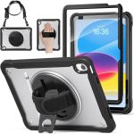 case for iPad (A16) 11th/10th Generation 11/10.9 inch 2025/2022,Rugged Shockproof Protective Cover with 360° Rotating Hand Strap/Stand,Screen Protector,Pencil Holder, pen, Black