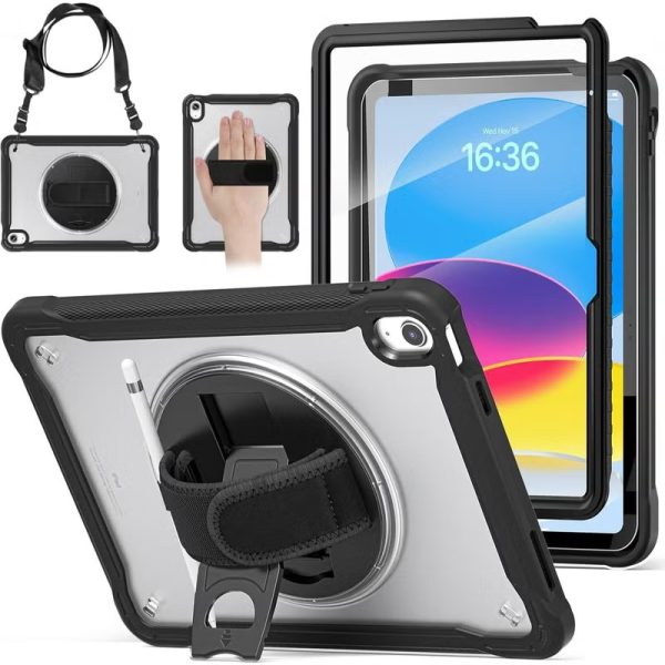 case for iPad (A16) 11th/10th Generation 11/10.9 inch 2025/2022,Rugged Shockproof Protective Cover with 360° Rotating Hand Strap/Stand,Screen Protector,Pencil Holder, pen, Black