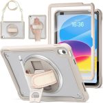 case for iPad (A16) 11th/10th Generation 11/10.9 inch 2025/2022,Rugged Shockproof Protective Cover with 360° Rotating Hand Strap/Stand,Screen Protector,Pencil Holder, pen, Grey