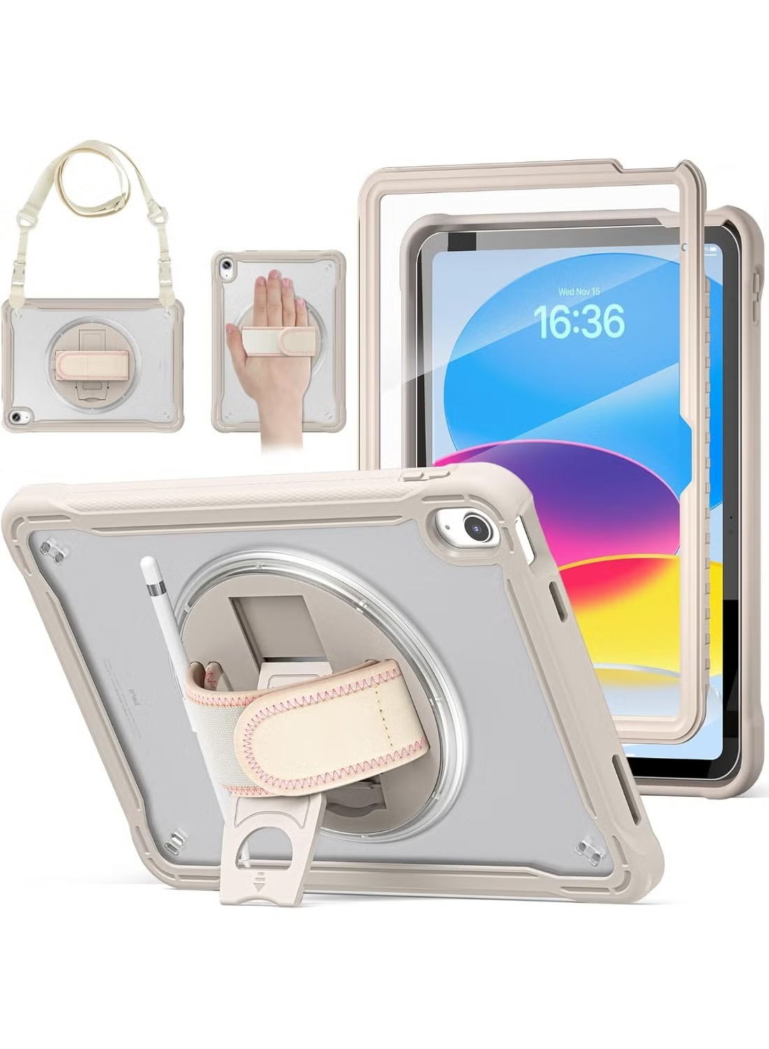 download (42) case for iPad (A16) 11th/10th Generation 11/10.9 inch 2025/2022,Rugged Shockproof Protective Cover with 360° Rotating Hand Strap/Stand,Screen Protector,Pencil Holder, pen, Grey - Image 1