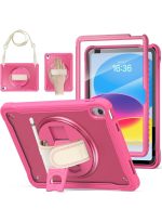 case for iPad (A16) 11th/10th Generation 11/10.9 inch 2025/2022,Rugged Shockproof Protective Cover with 360° Rotating Hand Strap/Stand,Screen Protector,Pencil Holder, pen, Pink