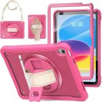 case for iPad (A16) 11th/10th Generation 11/10.9 inch 2025/2022,Rugged Shockproof Protective Cover with 360° Rotating Hand Strap/Stand,Screen Protector,Pencil Holder, pen, Pink
