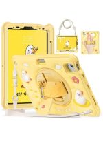 Case for iPad Air 11 2025 / 2024 / Pro 11 2022 10.9" for Kids Boys, Heavy Duty Rugged Cute Cartoon Duck Cover with pen+Swivel Stand+Handle Strap, Yellow