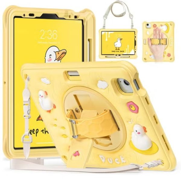 Case for iPad Air 11 2025 / 2024 / Pro 11 2022 10.9" for Kids Boys, Heavy Duty Rugged Cute Cartoon Duck Cover with pen+Swivel Stand+Handle Strap, Yellow