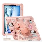 Case for iPad Air 11 2025 / 2024 / Pro 11 2022 10.9" for Kids Boys, Heavy Duty Rugged Cute Cartoon Duck Cover with pen+Swivel Stand+Handle Strap, Pink