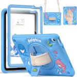 Case for iPad (A16) 11th 10th Generation 10.9" for Kids Boys, Heavy Duty Rugged Cute Cartoon Dolphins Cover with pen+Swivel Stand+Handle Strap, Azure Blue
