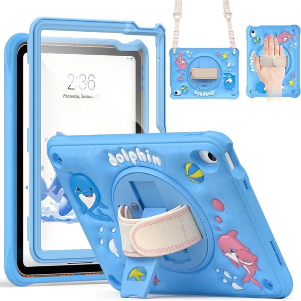 Case for iPad (A16) 11th 10th Generation 10.9" for Kids Boys, Heavy Duty Rugged Cute Cartoon Dolphins Cover with pen+Swivel Stand+Handle Strap, Azure Blue