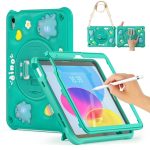 for iPad (A16) 11th/10th Generation Dinosaur Case for Kids Boys with Built in Screen Protector & Stand, Rugged Shockproof 3D Cute Cartoon Design, Strap Hangs in Car, Green