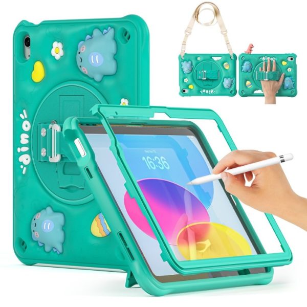 for iPad (A16) 11th/10th Generation Dinosaur Case for Kids Boys with Built in Screen Protector & Stand, Rugged Shockproof 3D Cute Cartoon Design, Strap Hangs in Car, Green