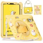 Case for iPad (A16) 11th 10th Generation 10.9" for Kids Boys, Heavy Duty Rugged Cute Cartoon Duck Cover with pen+Swivel Stand+Handle Strap, Yellow