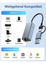 USB LAN Adapter, 2-in-1 USB-C Ethernet Wired Network Adapter 100/1000/Mbps LAN Adapter for PS4, PS5, Switch, Steam Deck, XPS, TV Box, iPad, MacBook, Smartphone, Tablet, Laptop, etc - Image 2