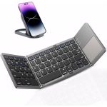 Foldable Bluetooth Keyboard with Touchpad - Portable Wireless Keyboard with Stand Holder, Rechargeable Full Size Ultra Slim Pocket Folding Keyboard for Android Windows IOS Tablet & Laptop-Gray