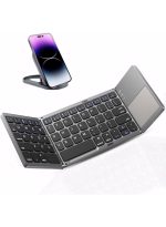 Foldable Bluetooth Keyboard with Touchpad - Portable Wireless Keyboard with Stand Holder, Rechargeable Full Size Ultra Slim Pocket Folding Keyboard for Android Windows IOS Tablet & Laptop-Gray