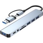 Professional 8-in-1 multi-port USB-C hub, 3 USB 2.0 ports, 1 USB 3.0 port, SD/TF card reader, 3.5mm audio port, portable USB-C hub for tablets, laptops, PS5/PS4, network adapters, and flash storage devices.