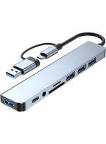 Professional 8-in-1 multi-port USB-C hub, 3 USB 2.0 ports, 1 USB 3.0 port, SD/TF card reader, 3.5mm audio port, portable USB-C hub for tablets, laptops, PS5/PS4, network adapters, and flash storage devices.