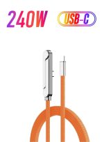 240W Type-C to Type-C Fast Charging Braided Data Cable 1.5m with Foldable Phone Stand, 90° Angled Design - Orange